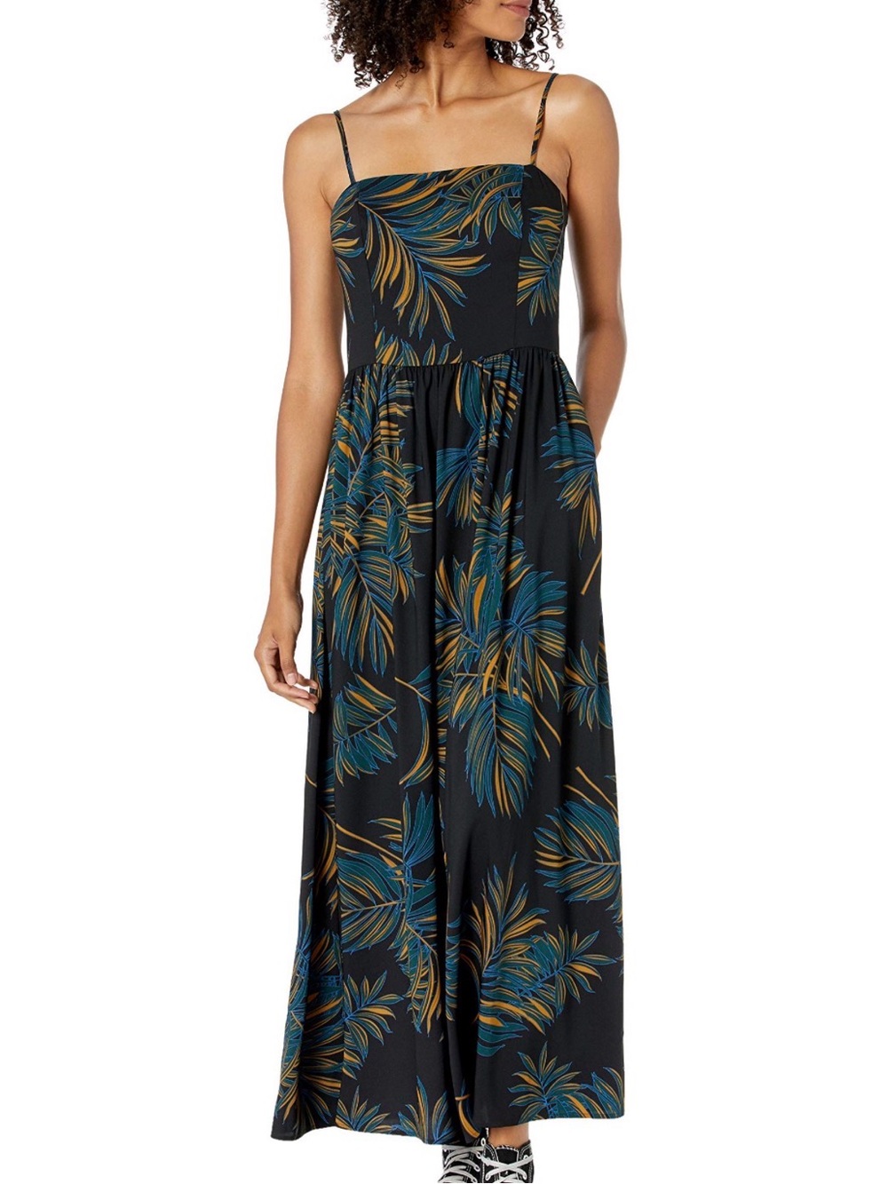 Goodthreads Black Maxi Dress with Teal and Gold Leaf Print